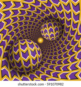 Optical illusion illustration. Two balls are moving in rotating hole. Purple arrows on yellow pattern objects. Abstract fantasy in a surreal style.