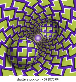 Optical illusion illustration. Two balls are moving in mottled hole. Green corners on purple pattern objects. Abstract fantasy in a surreal style.