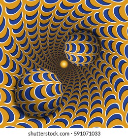 Optical illusion illustration. Two balls are moving in mottled hole. Blue crescent on orange pattern objects. Abstract fantasy in a surreal style.