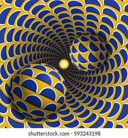 Optical illusion illustration. Two balls are moving in mottled hole. Blue crescent on yellow pattern objects. Abstract fantasy in a surreal style.