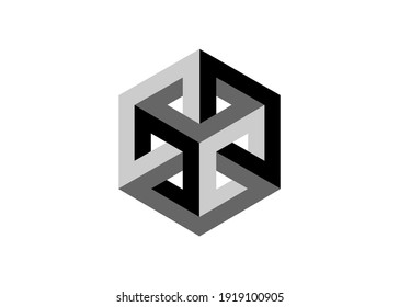 Optical Illusion, Impossible Cube, Isometric Drawing. Logo Abstract Infinite Impossible Loop Vector Design Template. Logotype. Creative Cube Line Art Concept. Vector Isolated On White Background 