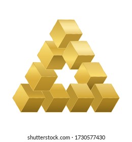 Optical illusion, impossible figure with golden cubes. Reutersvard illusion. Isolated vector illustration on white background.
