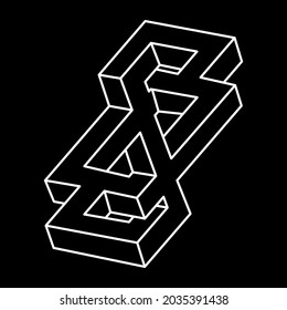 Optical illusion, impossible figure, white lines on a black background, optical art. Escher style. Unreal geometric figures.