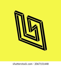 Optical illusion. Impossible shape. Sacred geometry figures. Abstract eternal geometric object. Impossible endless outline. Optical art. Impossible geometry shape on a yellow background. Escher style.