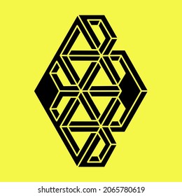 Optical illusion. Impossible shapes. Abstract eternal geometric object. Impossible endless outline. Optical art. Impossible geometry shape on a yellow background. 