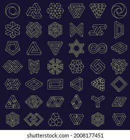 Optical Illusion impossible shapes. Geometric square and triangle paradox figures, optical illusion shapes vector illustration set. Impossible shapes isolated on dark blue, unusual objects