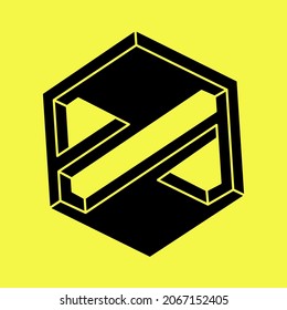 Optical illusion. Impossible shapes. Sacred geometry figure. Abstract eternal geometric object. Impossible endless outline. Optical art. Impossible geometry shape on a yellow background.