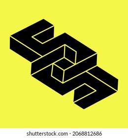 Optical illusion. Impossible shapes. Sacred geometry. Abstract eternal geometric object. Impossible endless outline figure. Optical art. Impossible geometry symbol on a yellow background. Line art.