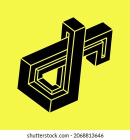 Optical illusion. Impossible shapes. Sacred geometry figure. Abstract eternal geometric object.  Optical art. Impossible geometry shape on a yellow background. Escher style.