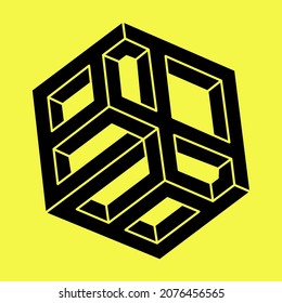 Optical illusion. Impossible shapes. Sacred geometry figure. Abstract eternal geometric objects. Optical art. Impossible geometry shape on a yellow background. Escher style.