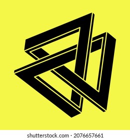 Optical illusion. Impossible shapes. Sacred geometry figures. Abstract eternal geometric object. Optical art. Impossible geometry shape on a yellow background.