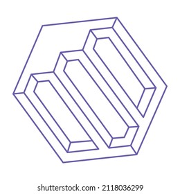 Optical illusion. Impossible shapes. Sacred geometry figure. Tattoo in trendy 2022 Very Peri color. Abstract eternal geometric objects. Optical art. Impossible geometry shape on a white background.
