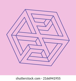 Optical illusion. Impossible shapes. Sacred geometry figure.  Abstract eternal geometric objects. Impossible endless outline. Optical art. Impossible geometry shape on a pink background.