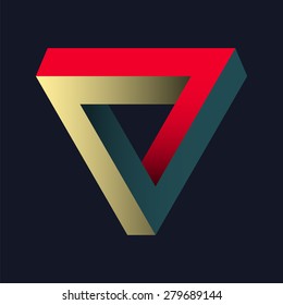 Optical illusion - infinite Penrose triangle. Vector illustration. Red, yellow, blue colors. It can be used as a symbol of impermanence, changeability, instability.