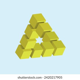 Optical illusion. Irregular triangle made of yellow cubes. Vector 3d illustration