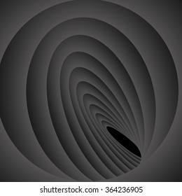 Optical illusion. Languidly swirling dark gray monochrome spiral that leads down.