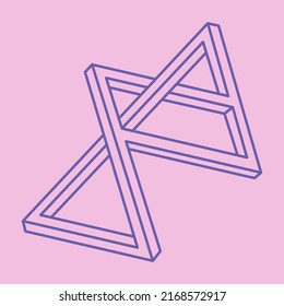 Optical illusion logo. Impossible shape. Sacred geometry figure. Abstract eternal geometric object. Impossible endless outline shapes. Optical art. Impossible geometry shape on a pink background.