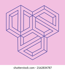 Logo de la ilusión óptica. Formas imposibles. Cifras sagradas de geometría. Resumen de objetos geométricos eternos. Imposible forma de contorno interminable. Arte óptico. Forma de geometría imposible sobre un fondo rosado.