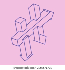 Optical illusion logo. Impossible shapes. Sacred geometry figures. Abstract eternal geometric objects. Impossible endless outline arrows. Optical art. Impossible geometry shape on a pink background.