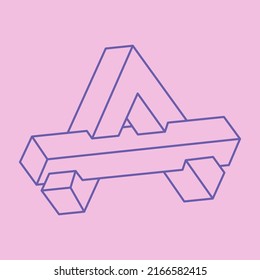 Optical illusion logo. Impossible shapes. Sacred geometry figures. Abstract eternal geometric objects. Impossible endless outline shapes. Optical art. Impossible geometry shape on a pink background.