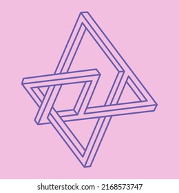 Logo de la ilusión óptica. Formas imposibles. Figura sagrada de la geometría. Resumen de objeto geométrico eterno. Formas de contorno interminables imposibles. Arte óptico. Forma de geometría imposible sobre un fondo rosado.
