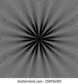 Optical illusion, moire background, abstract lined monochrome tiling. Unusual geometric pattern with visual effects.