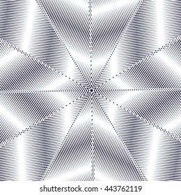 Optical illusion, moire background, abstract lined monochrome vector tiling. Unusual geometric pattern with visual effects.