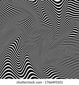 OPTICAL ILLUSION MONOCHROME COLOR. ABSTRACT WAVY LINES BACKGROUND COVER DESIGN VECTOR  
