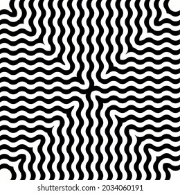 Die Anordnung des geometrischen Musters gekrümmter Linien. Vier Ecken der Reflexion Kaleidoskop Stil. Einfache Textur, abstrakter geometrischer Hintergrund.schwarz-weißer Hintergrund