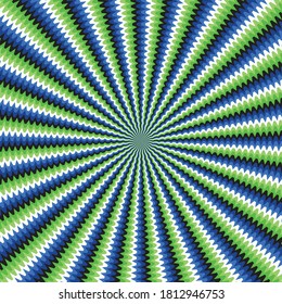 Optical illusion with motion effect vector background. Wavy stripes move around center.