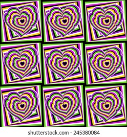 The optical illusion of the movement executed in the form of the pulsing hearts. Abstract seamless background. Style op-art. Speckled texture.