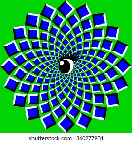 The optical illusion of movement executed in the form of big rotating blue squares and eye.