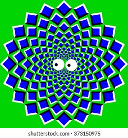 Optical illusion of movement executed in form of big blue pulsing squares and amusing eyes.