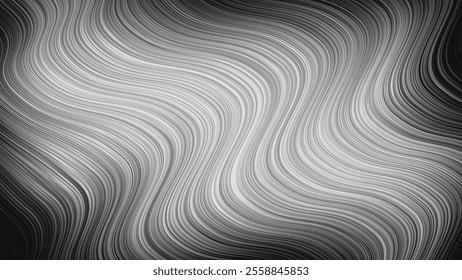 Optical Illusion of Movement Immersive Black and White Wavy Striped Vector Abstract Background. Psychedelic Acid Trip Hypnotic Dynamic Flowing Smooth Pattern Gray Shades Wallpaper. Op Art Illustration