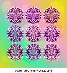 The optical illusion of the movement made of nine lilac and violet squares. The bright abstract vector background. EPS10