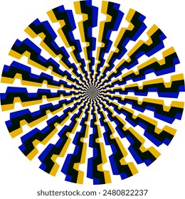 Ilusión óptica de círculo móvil con rayas azules y amarillas. Patrón circular para un diseño de fondo emocionante.