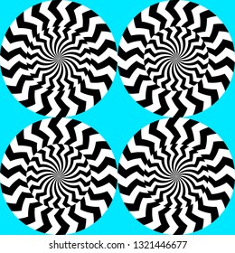 Optical illusion, moving effect of rotation. Seamless pattern with spin twirling circles. Op art background.