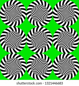 Optical illusion, moving effect of rotation. Seamless pattern with spin twirling circles. Op art background.