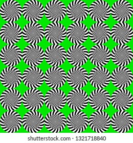 Optical illusion, moving effect of rotation. Seamless pattern with spin twirling circles. Op art background.