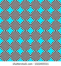 Optical illusion, moving effect of rotation. Seamless pattern with spin twirling circles. Op art background.