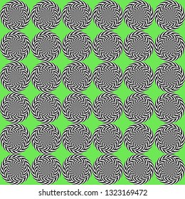 Optical illusion, moving effect of rotation. Seamless pattern with spin twirling circles. Op art background.