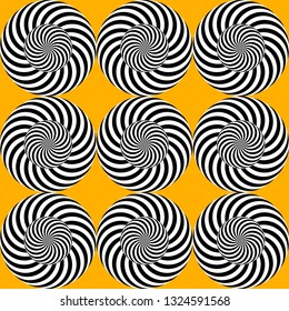 Optical illusion, moving effect of rotation. Seamless pattern with spin twirling circles. Op art background.