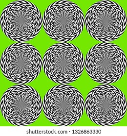 Optical illusion, moving effect of rotation. Seamless pattern with spin twirling circles. Op art background.