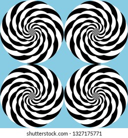 Optical illusion, moving effect of rotation. Seamless pattern with spin twirling circles. Op art background.