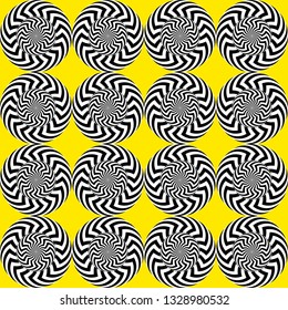 Optical illusion, moving effect of rotation. Seamless pattern with spin twirling circles. Op art background.