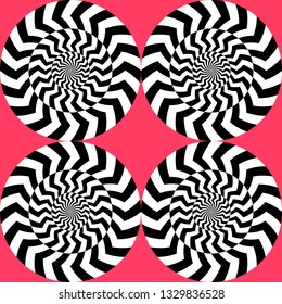 Optical illusion, moving effect of rotation. Seamless pattern with spin twirling circles. Op art background.