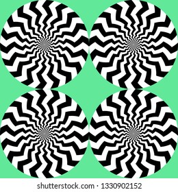 Optical illusion, moving effect of rotation. Seamless pattern with spin twiling circles. Op art background.