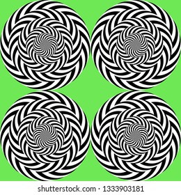 Optical illusion, moving effect of rotation. Seamless pattern with spin twirling circles. Op art background.
