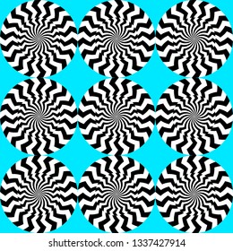 Optical illusion, moving effect of rotation. Seamless pattern with spin twirling circles. Op art background.