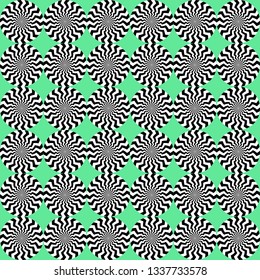 Optical illusion, moving effect of rotation. Seamless pattern with spin twirling circles. Op art background.